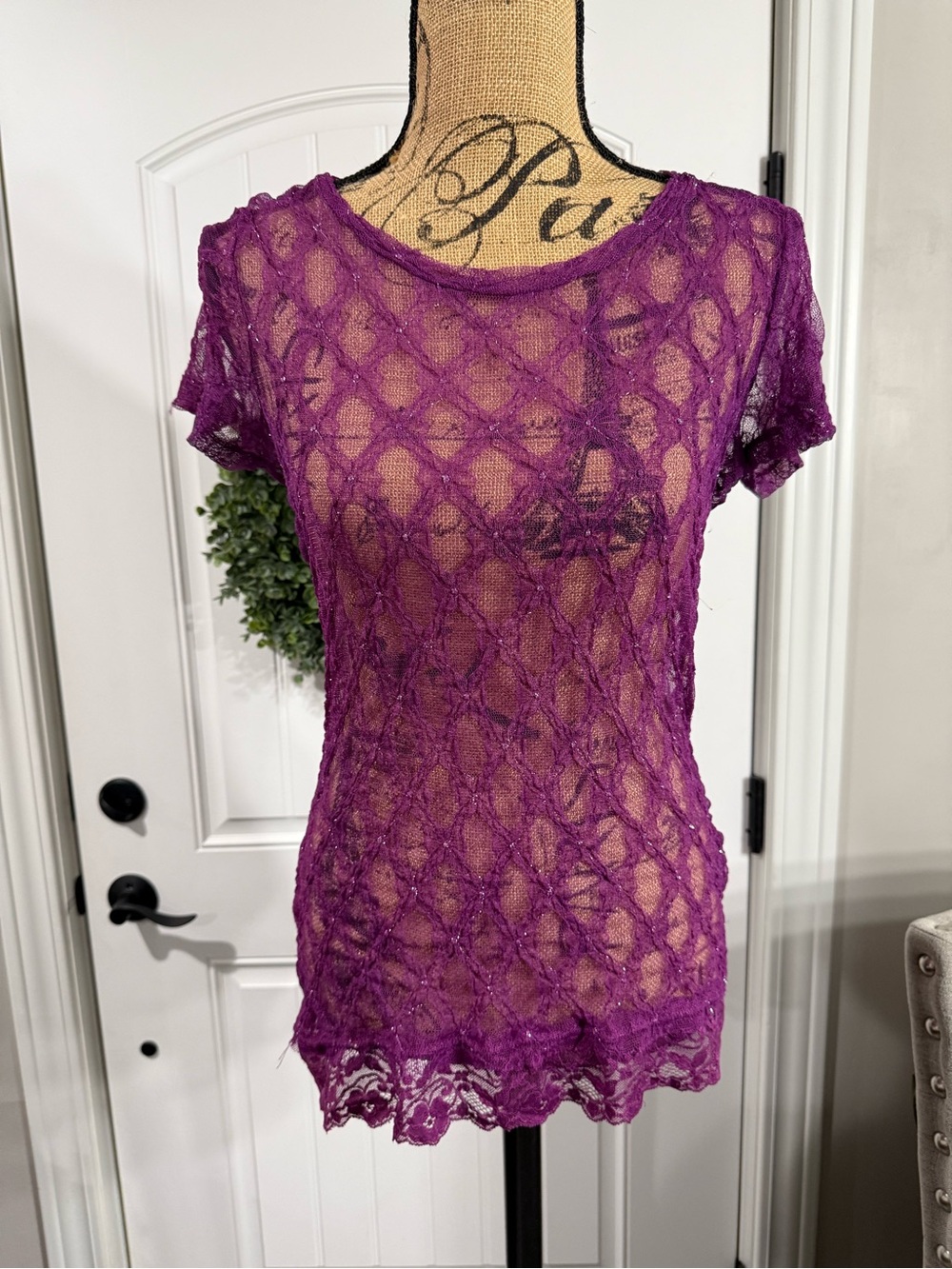 BKE Sheer Lace Short Sleeve Top in Purple